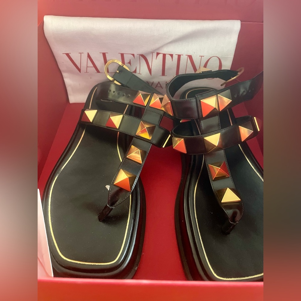 Valentino Women's Black Sandals with Gold and Orange Accents